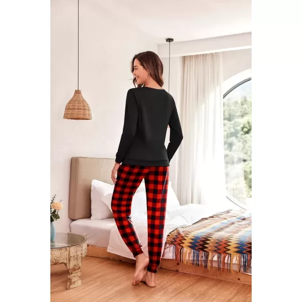 imageEkouaer Pajama Sets for Women 2 Piece Plaid Pjs Long Sleeve Lounge Sets Comfy Gingham Nightwear with PocketsRed and Black Plaid