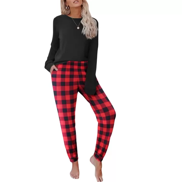 imageEkouaer Pajama Sets for Women 2 Piece Plaid Pjs Long Sleeve Lounge Sets Comfy Gingham Nightwear with PocketsRed and Black Plaid