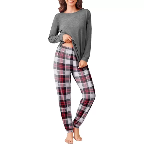 imageEkouaer Pajama Sets for Women 2 Piece Plaid Pjs Long Sleeve Lounge Sets Comfy Gingham Nightwear with PocketsRed and Grey Plaid