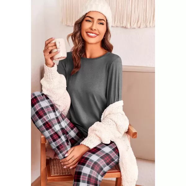 imageEkouaer Pajama Sets for Women 2 Piece Plaid Pjs Long Sleeve Lounge Sets Comfy Gingham Nightwear with PocketsRed and Grey Plaid