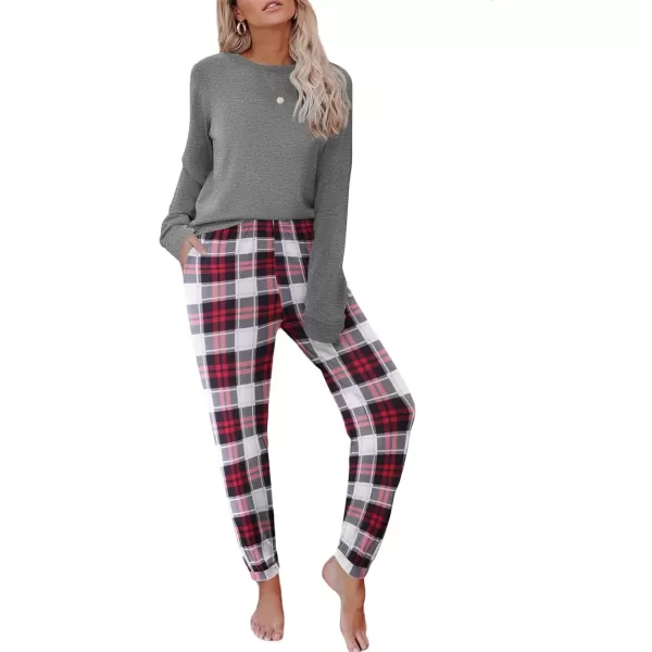 imageEkouaer Pajama Sets for Women 2 Piece Plaid Pjs Long Sleeve Lounge Sets Comfy Gingham Nightwear with PocketsRed and Grey Plaid