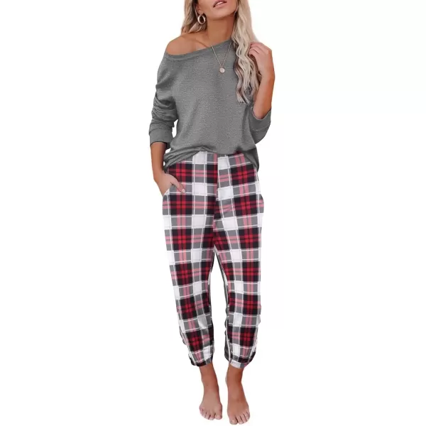 imageEkouaer Pajama Sets for Women 2 Piece Plaid Pjs Long Sleeve Lounge Sets Comfy Gingham Nightwear with PocketsRed and Grey Plaid