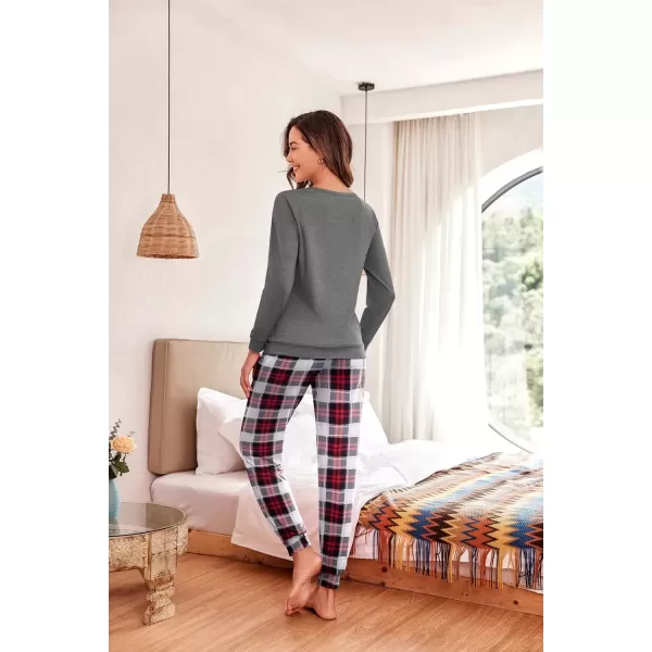 imageEkouaer Pajama Sets for Women 2 Piece Plaid Pjs Long Sleeve Lounge Sets Comfy Gingham Nightwear with PocketsRed and Grey Plaid