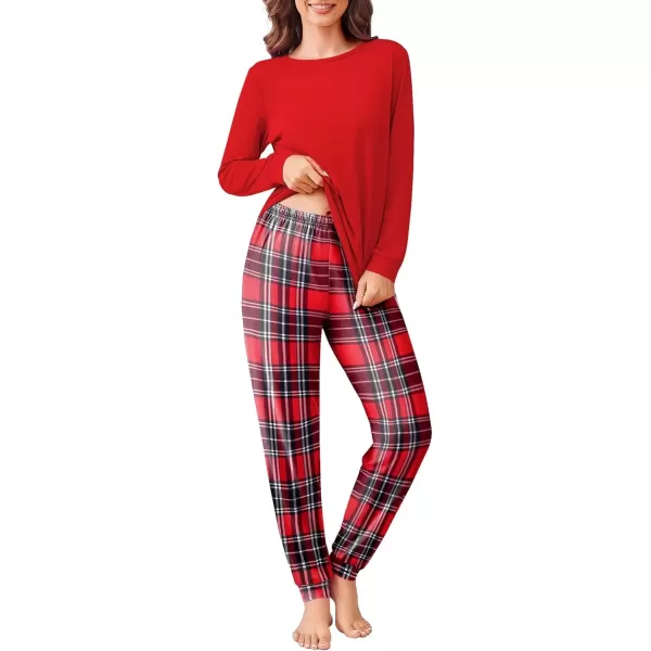 imageEkouaer Pajama Sets for Women 2 Piece Plaid Pjs Long Sleeve Lounge Sets Comfy Gingham Nightwear with PocketsRed and White Plaid