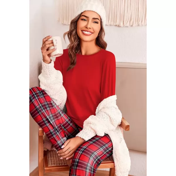 imageEkouaer Pajama Sets for Women 2 Piece Plaid Pjs Long Sleeve Lounge Sets Comfy Gingham Nightwear with PocketsRed and White Plaid