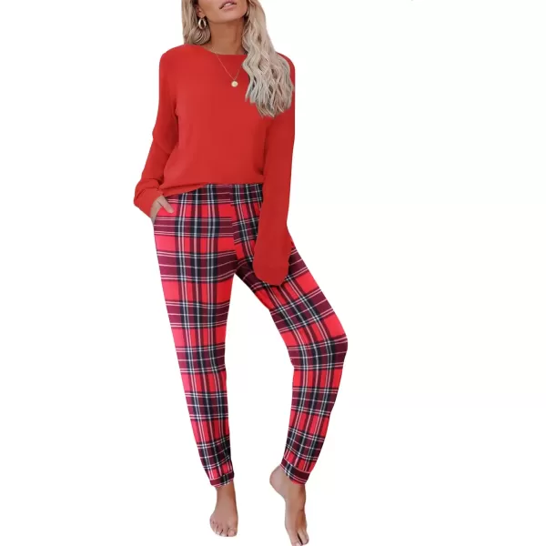 imageEkouaer Pajama Sets for Women 2 Piece Plaid Pjs Long Sleeve Lounge Sets Comfy Gingham Nightwear with PocketsRed and White Plaid