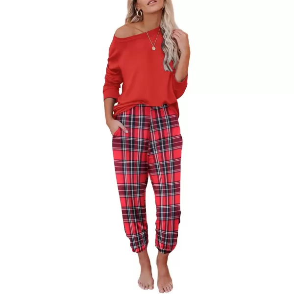 imageEkouaer Pajama Sets for Women 2 Piece Plaid Pjs Long Sleeve Lounge Sets Comfy Gingham Nightwear with PocketsRed and White Plaid