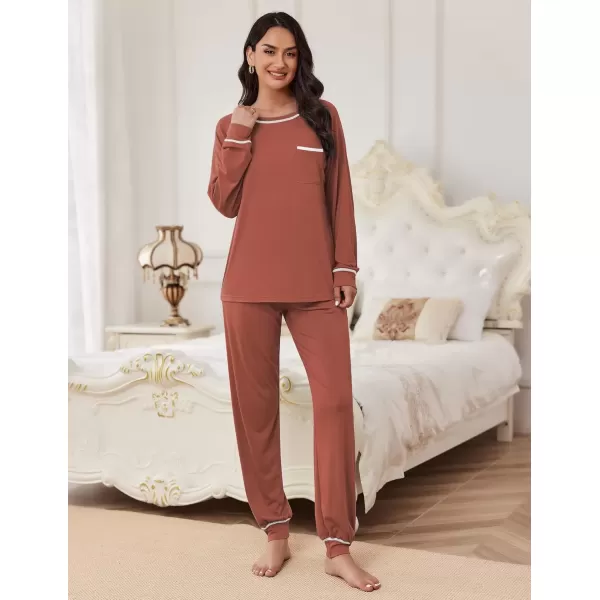 imageEkouaer Pajamas Set for Women Soft Comfy Pjs Sets Long Sleeve Sleepwear Loungewear SXXLBrown