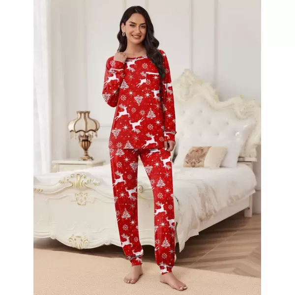 imageEkouaer Pajamas Set for Women Soft Comfy Pjs Sets Long Sleeve Sleepwear Loungewear SXXLChristmas Red With Snowflakes