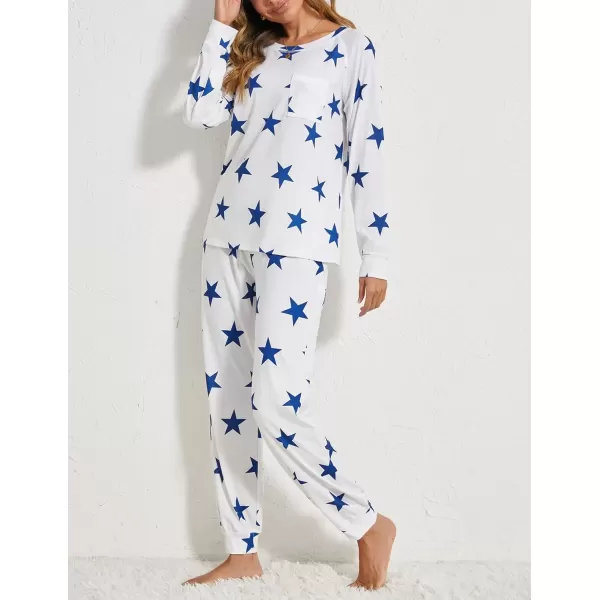 imageEkouaer Pajamas Set for Women Soft Comfy Pjs Sets Long Sleeve Sleepwear Loungewear SXXLWhite Blue Star