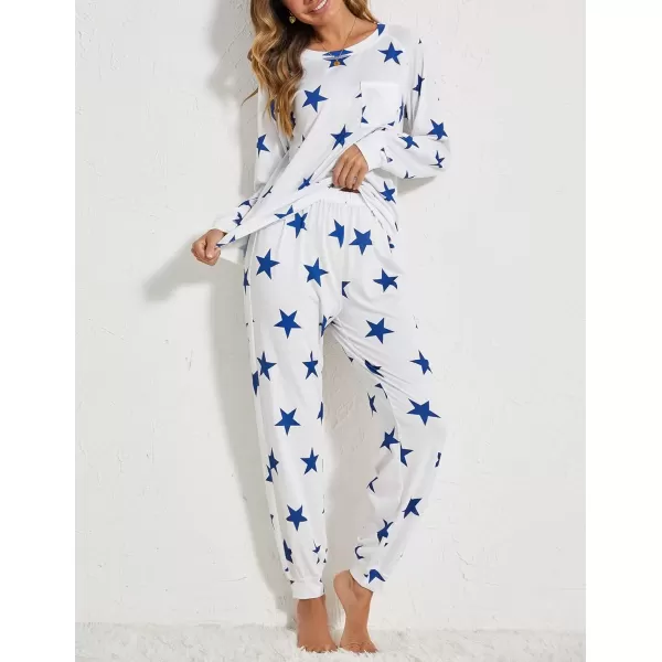 imageEkouaer Pajamas Set for Women Soft Comfy Pjs Sets Long Sleeve Sleepwear Loungewear SXXLWhite Blue Star