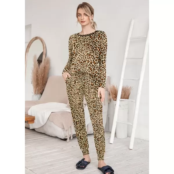 imageEkouaer Pajamas Womens Long Sleeve Pj Set Soft 2 Piece Loungewear Sleepwear with Jogger Pants XS3XLApricot Leopard Print