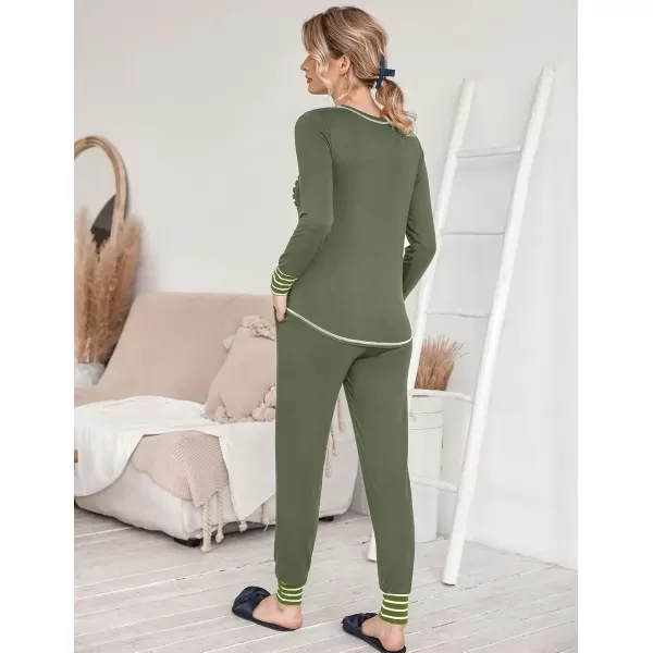 imageEkouaer Pajamas Womens Long Sleeve Pj Set Soft 2 Piece Loungewear Sleepwear with Jogger Pants XS3XLArmy Green