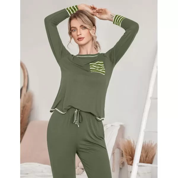 imageEkouaer Pajamas Womens Long Sleeve Pj Set Soft 2 Piece Loungewear Sleepwear with Jogger Pants XS3XLArmy Green