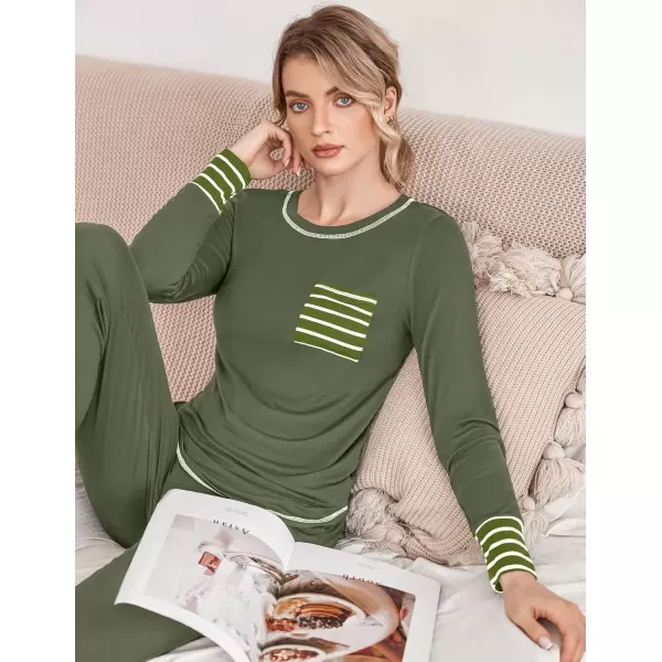 imageEkouaer Pajamas Womens Long Sleeve Pj Set Soft 2 Piece Loungewear Sleepwear with Jogger Pants XS3XLArmy Green