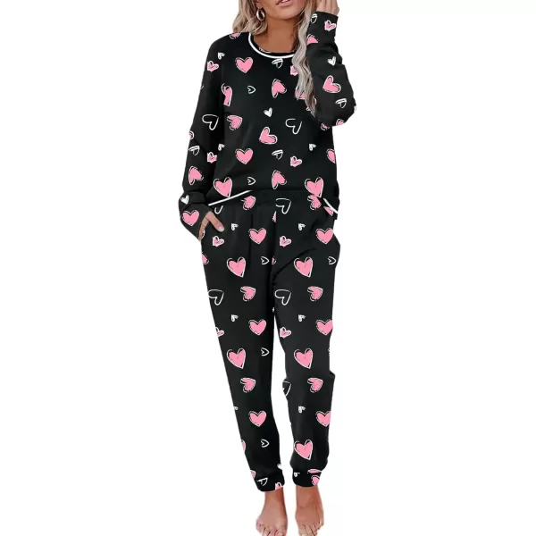 imageEkouaer Pajamas Womens Long Sleeve Pj Set Soft 2 Piece Loungewear Sleepwear with Jogger Pants XS3XLBlack With Pink Hearts