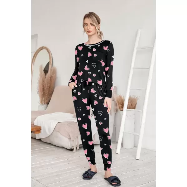 imageEkouaer Pajamas Womens Long Sleeve Pj Set Soft 2 Piece Loungewear Sleepwear with Jogger Pants XS3XLBlack With Pink Hearts