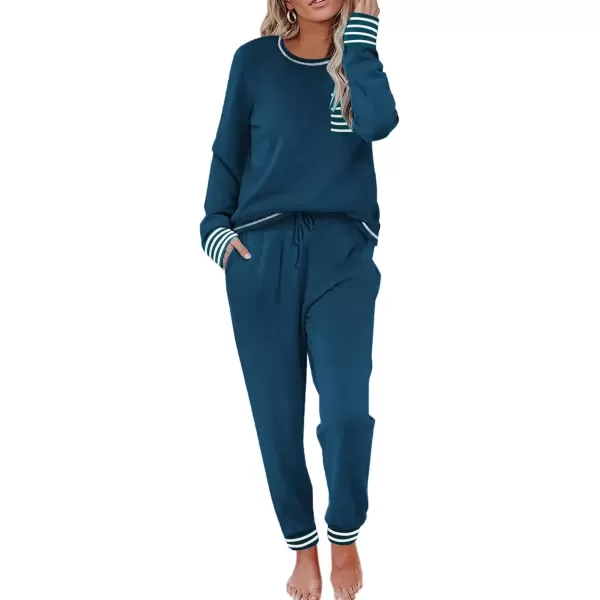 imageEkouaer Pajamas Womens Long Sleeve Pj Set Soft 2 Piece Loungewear Sleepwear with Jogger Pants XS3XLBlue Green