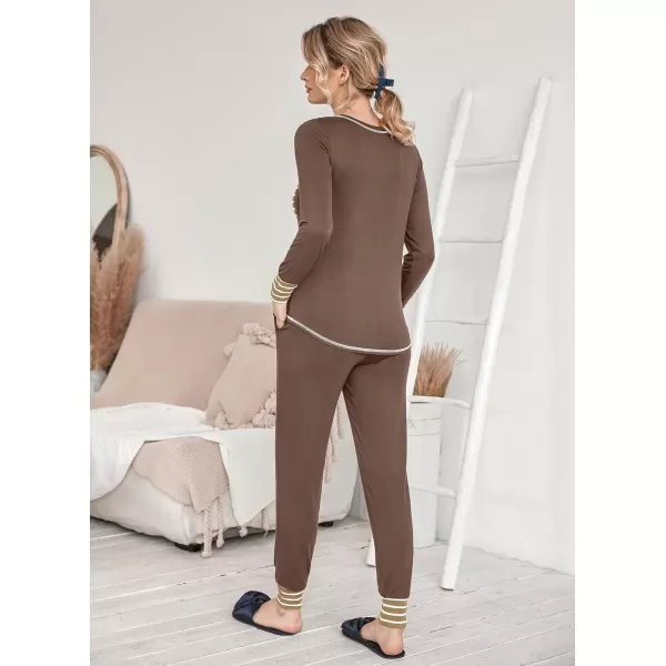 imageEkouaer Pajamas Womens Long Sleeve Pj Set Soft 2 Piece Loungewear Sleepwear with Jogger Pants XS3XLBrown