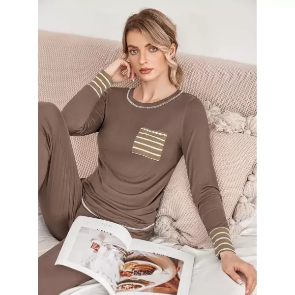 imageEkouaer Pajamas Womens Long Sleeve Pj Set Soft 2 Piece Loungewear Sleepwear with Jogger Pants XS3XLBrown