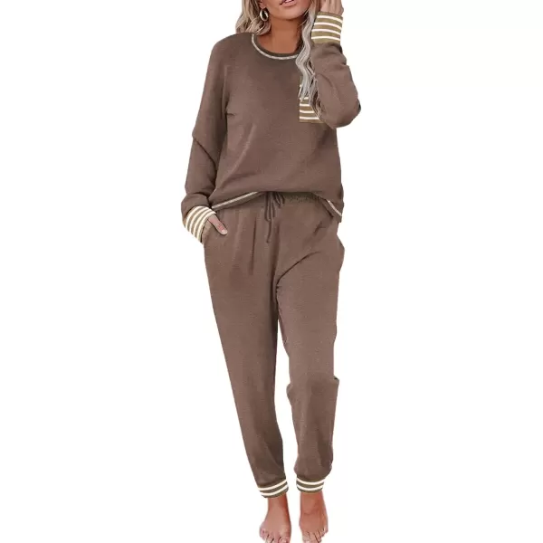 imageEkouaer Pajamas Womens Long Sleeve Pj Set Soft 2 Piece Loungewear Sleepwear with Jogger Pants XS3XLBrown