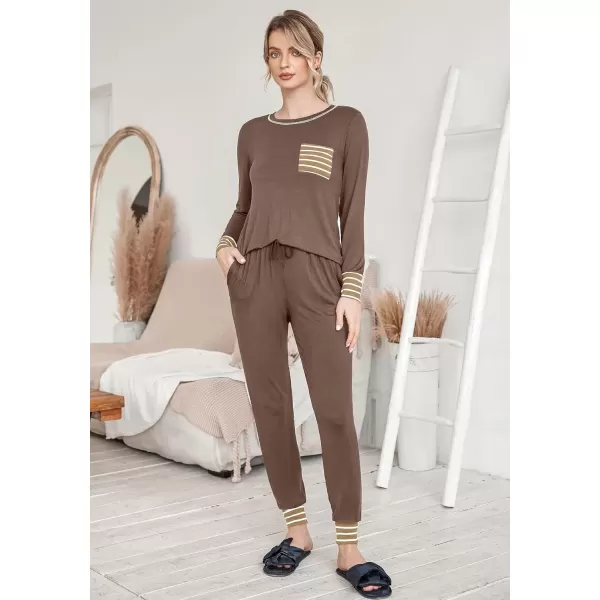 imageEkouaer Pajamas Womens Long Sleeve Pj Set Soft 2 Piece Loungewear Sleepwear with Jogger Pants XS3XLBrown