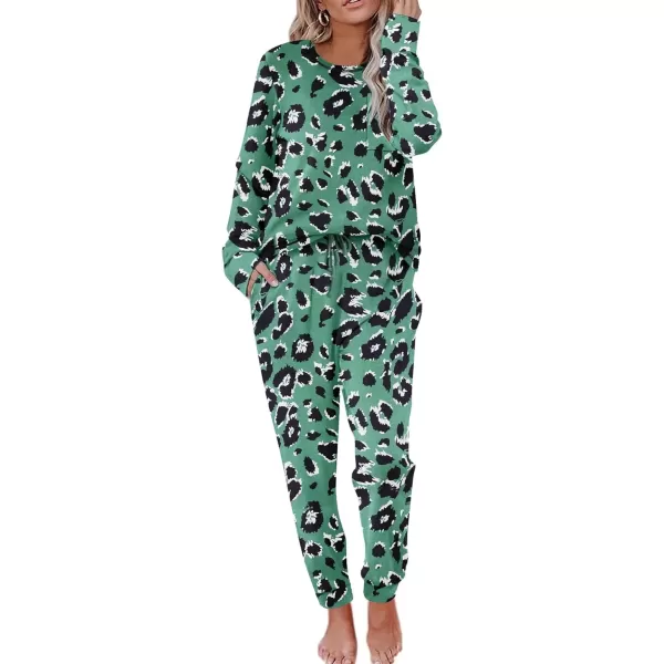 imageEkouaer Pajamas Womens Long Sleeve Pj Set Soft 2 Piece Loungewear Sleepwear with Jogger Pants XS3XLGreen Leopardprint