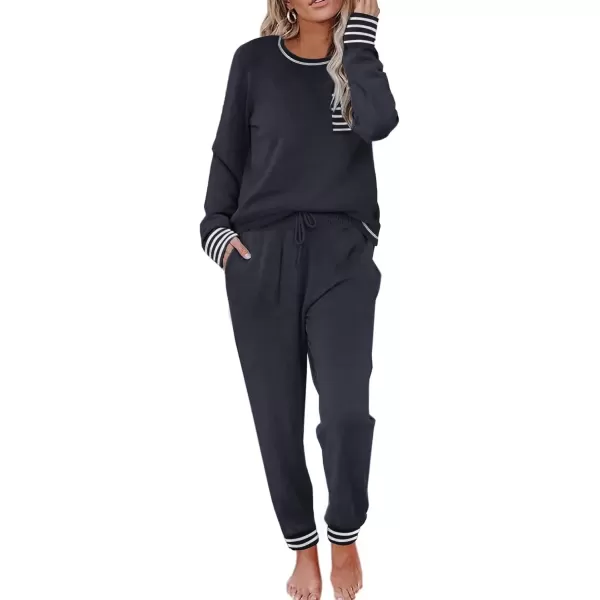 imageEkouaer Pajamas Womens Long Sleeve Pj Set Soft 2 Piece Loungewear Sleepwear with Jogger Pants XS3XLNavy Blue