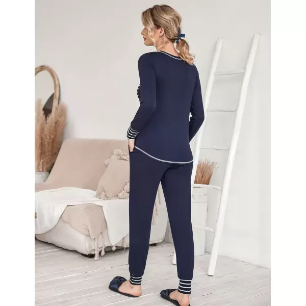 imageEkouaer Pajamas Womens Long Sleeve Pj Set Soft 2 Piece Loungewear Sleepwear with Jogger Pants XS3XLNavy Blue