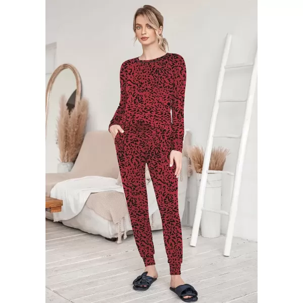 imageEkouaer Pajamas Womens Long Sleeve Pj Set Soft 2 Piece Loungewear Sleepwear with Jogger Pants XS3XLRed Leopard