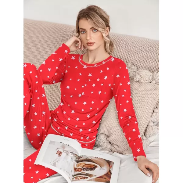 imageEkouaer Pajamas Womens Long Sleeve Pj Set Soft 2 Piece Loungewear Sleepwear with Jogger Pants XS3XLRed Stars