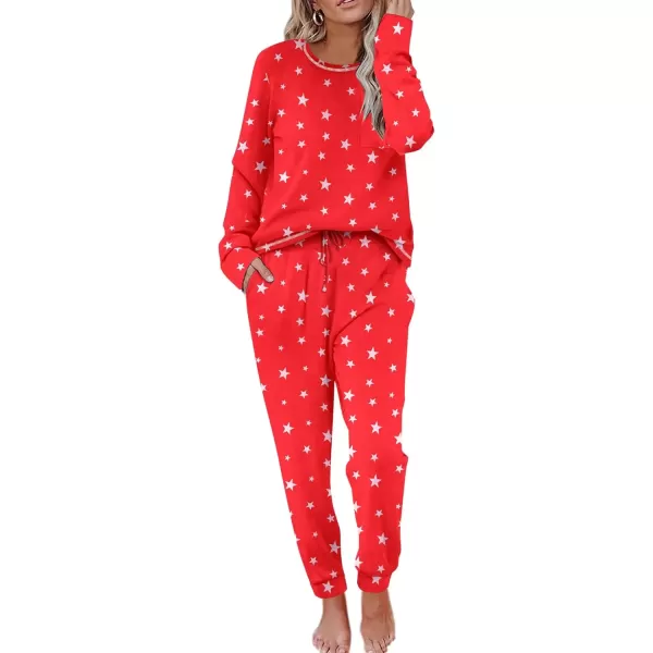 imageEkouaer Pajamas Womens Long Sleeve Pj Set Soft 2 Piece Loungewear Sleepwear with Jogger Pants XS3XLRed Stars