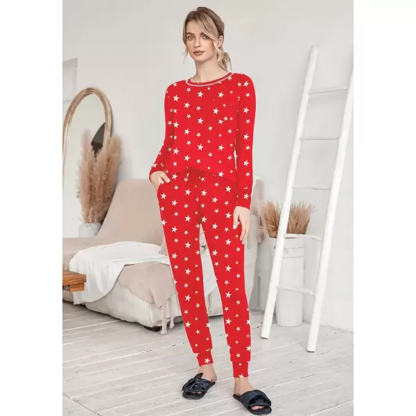 imageEkouaer Pajamas Womens Long Sleeve Pj Set Soft 2 Piece Loungewear Sleepwear with Jogger Pants XS3XLRed Stars