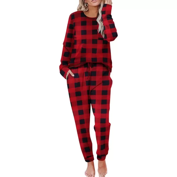 imageEkouaer Pajamas Womens Long Sleeve Pj Set Soft 2 Piece Loungewear Sleepwear with Jogger Pants XS3XLRed and Black Plaid