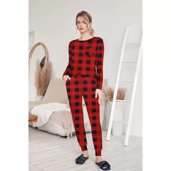 imageEkouaer Pajamas Womens Long Sleeve Pj Set Soft 2 Piece Loungewear Sleepwear with Jogger Pants XS3XLRed and Black Plaid