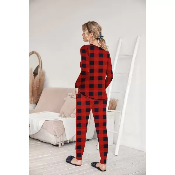 imageEkouaer Pajamas Womens Long Sleeve Pj Set Soft 2 Piece Loungewear Sleepwear with Jogger Pants XS3XLRed and Black Plaid