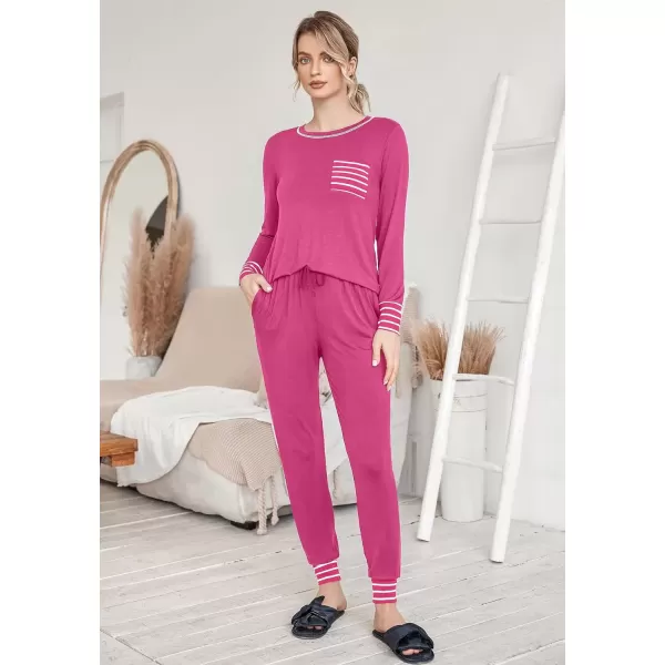 imageEkouaer Pajamas Womens Long Sleeve Pj Set Soft 2 Piece Loungewear Sleepwear with Jogger Pants XS3XLRose Red