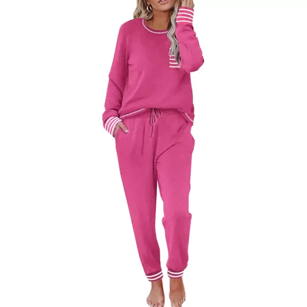 imageEkouaer Pajamas Womens Long Sleeve Pj Set Soft 2 Piece Loungewear Sleepwear with Jogger Pants XS3XLRose Red