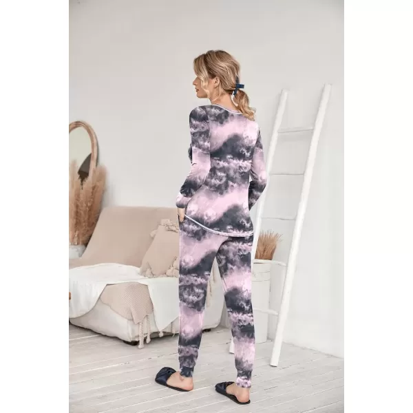 imageEkouaer Pajamas Womens Long Sleeve Pj Set Soft 2 Piece Loungewear Sleepwear with Jogger Pants XS3XLTie Dye Black Pink