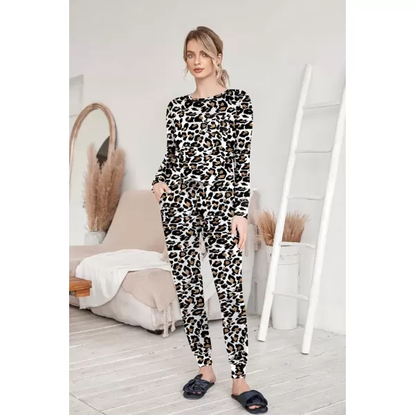 imageEkouaer Pajamas Womens Long Sleeve Pj Set Soft 2 Piece Loungewear Sleepwear with Jogger Pants XS3XLWhite Leopard