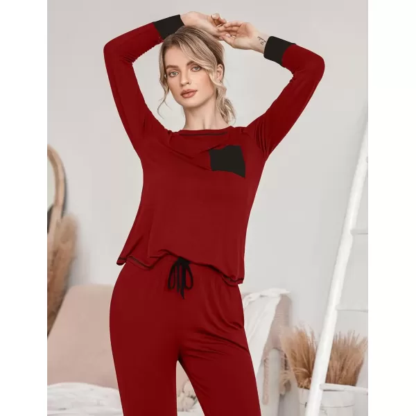 imageEkouaer Pajamas Womens Long Sleeve Pj Set Soft 2 Piece Loungewear Sleepwear with Jogger Pants XS3XLWine Red
