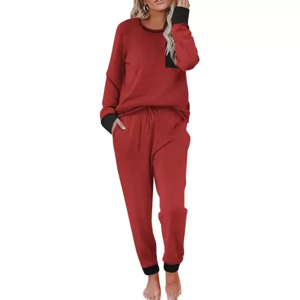 imageEkouaer Pajamas Womens Long Sleeve Pj Set Soft 2 Piece Loungewear Sleepwear with Jogger Pants XS3XLWine Red