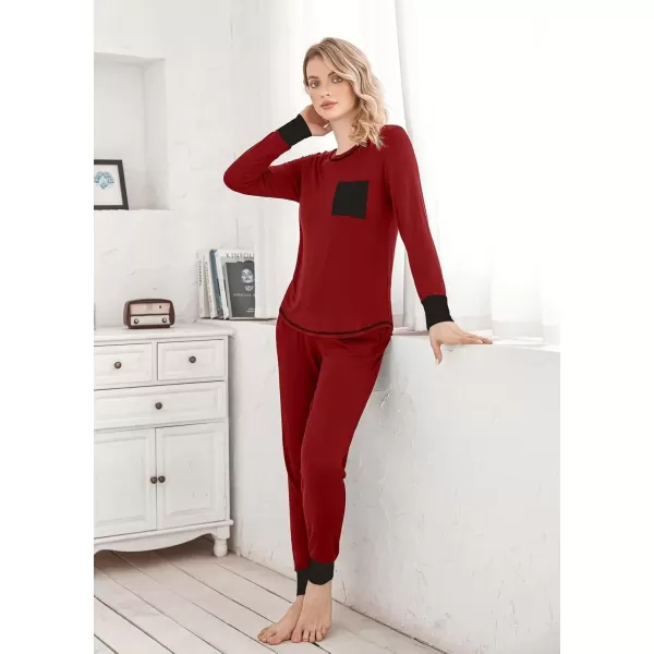 imageEkouaer Pajamas Womens Long Sleeve Pj Set Soft 2 Piece Loungewear Sleepwear with Jogger Pants XS3XLWine Red