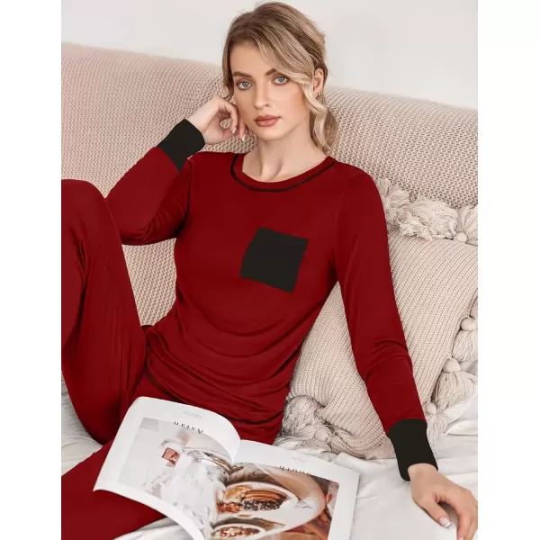 imageEkouaer Pajamas Womens Long Sleeve Pj Set Soft 2 Piece Loungewear Sleepwear with Jogger Pants XS3XLWine Red