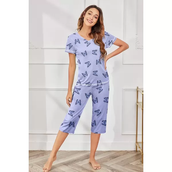 imageEkouaer Womens Pajama Set 2 Piece Short Sleeve Capri Pj Sets V Neck Loungewear Sleepwear with Pockets S3XLButterfly