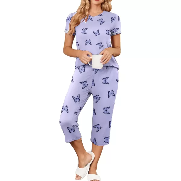 imageEkouaer Womens Pajama Set 2 Piece Short Sleeve Capri Pj Sets V Neck Loungewear Sleepwear with Pockets S3XLButterfly