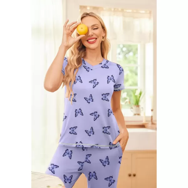 imageEkouaer Womens Pajama Set 2 Piece Short Sleeve Capri Pj Sets V Neck Loungewear Sleepwear with Pockets S3XLButterfly