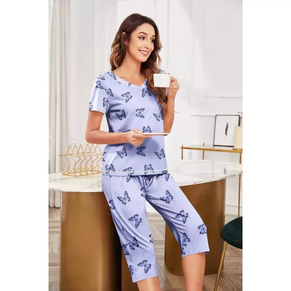 imageEkouaer Womens Pajama Set 2 Piece Short Sleeve Capri Pj Sets V Neck Loungewear Sleepwear with Pockets S3XLButterfly