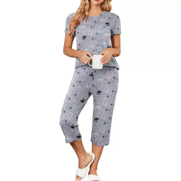 imageEkouaer Womens Pajama Set 2 Piece Short Sleeve Capri Pj Sets V Neck Loungewear Sleepwear with Pockets S3XLCats