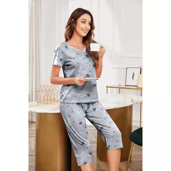 imageEkouaer Womens Pajama Set 2 Piece Short Sleeve Capri Pj Sets V Neck Loungewear Sleepwear with Pockets S3XLCats
